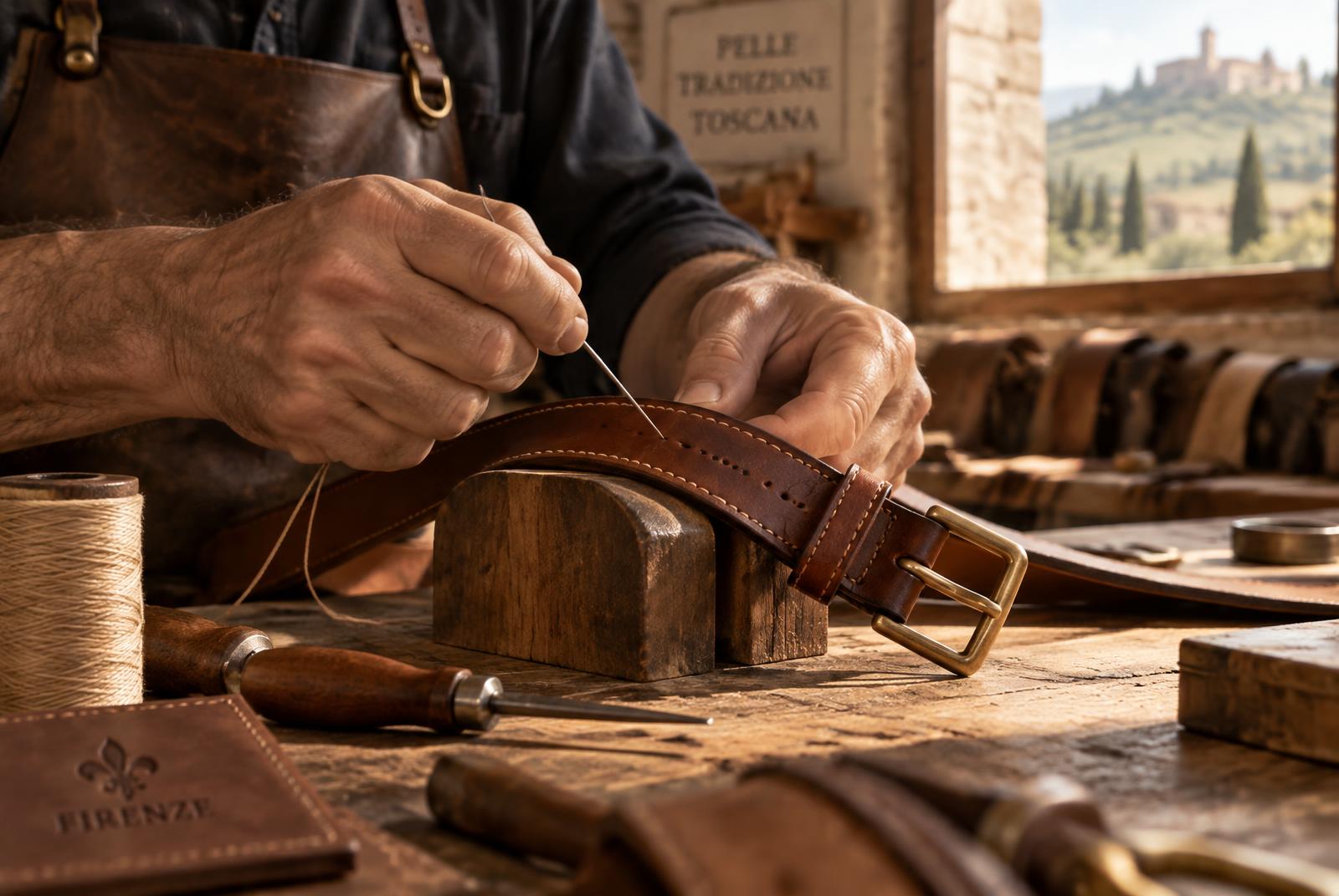 Artigiano che cuce a mano una cintura in pelle